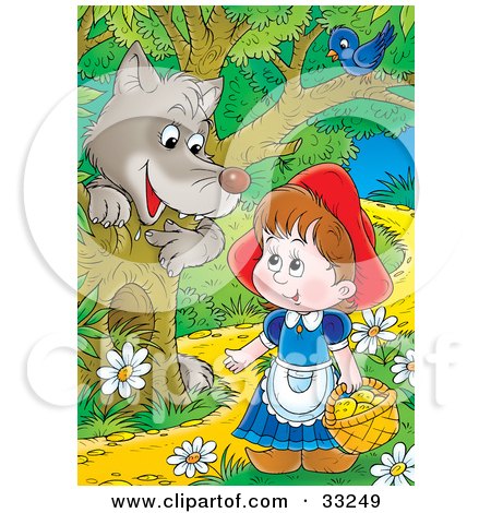 33249-Clipart-Illustration-Of-A-Wolf-Emerging-Behind-A-Tree-Under-A-Bird-Watching-Little-Red-Riding-Hood-As-She-Walks-Through-The-Forest.jpg