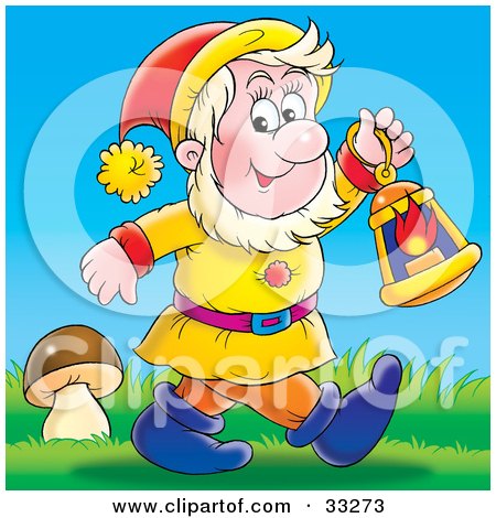 33273-Clipart-Illustration-Of-A-Friendly-Male-Gnome-Carrying-A-Lantern-And-Walking-Past-A-Mushroom.jpg