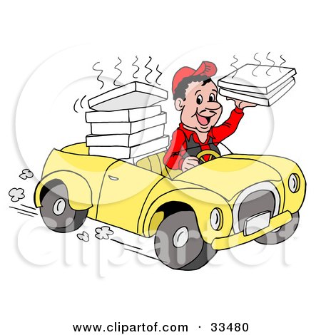Royalty-free people clipart picture of a friendly pizza delivery boy driving 