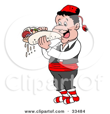 Clipart Illustration of a Hungry Greek Pan Eating A Messy Pita Wrap by LaffToon
