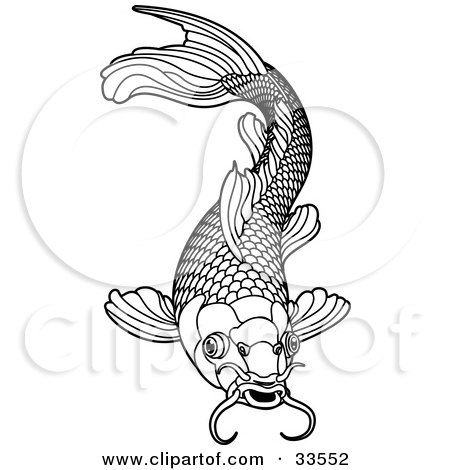 Clipart Illustration of a Black And White Koi Fish With Scales And Whiskers