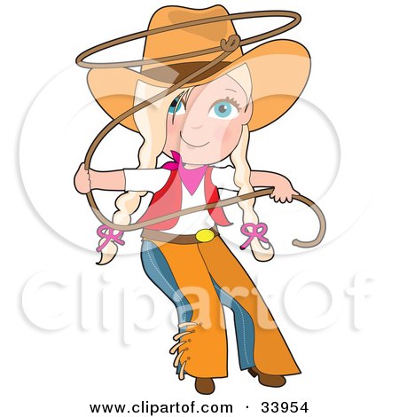 Cute Cowgirl In Chaps And A Hat, Swirling A Lasso, Her Blond Hair In Braids 