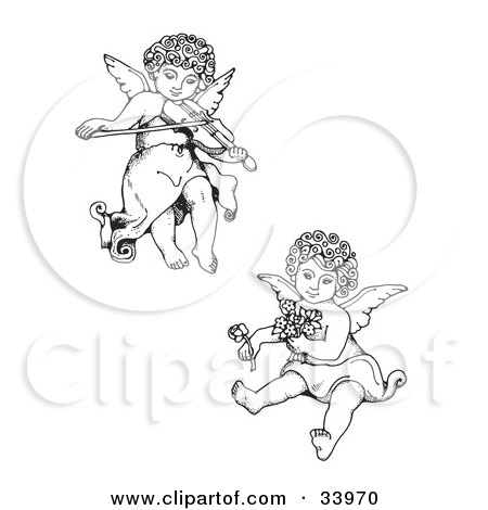  of Two Adorable Curly Haired Cherubs, One Playing A Violin And Flying, 