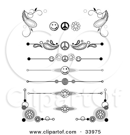 Set Of Black And White Peace, Smiley Face, Flower And Swirly Corner Designs, 