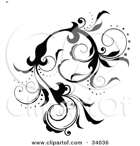 Royalty-free clipart picture of a black scrolling vine with flowers and 
