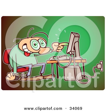 Clipart Illustration of an Obsessed Computer Gamer With Spinning Eyeballs, Using A Computer