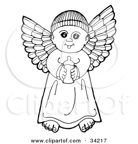 Black And White Pen And Ink Drawing Of A Happy Winged Baby Angel Holding A