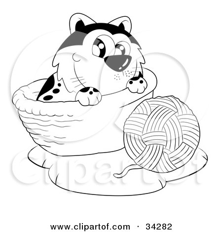 Royalty-free animal clipart picture of a cute cat in a basket, playing with 
