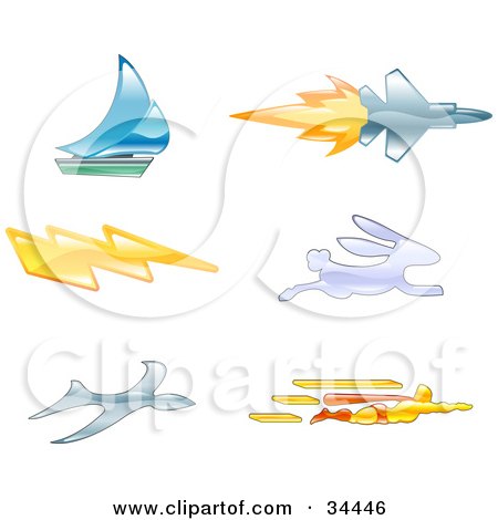 Royalty-free clipart picture of icons of a sailboat, jet, lightning bolt 