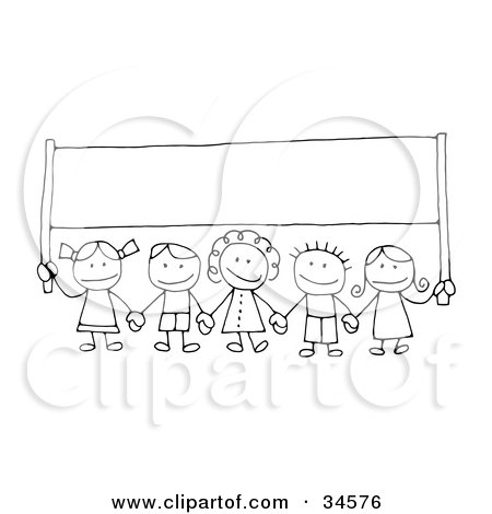  group of happy stick children holding hands and carrying a blank banner, 