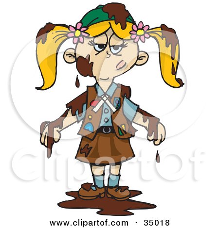 Royalty-free people clipart picture of a grumpy blond girl scout covered in 