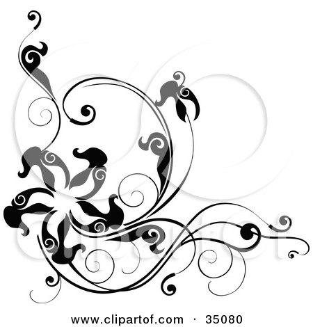 Clipart Illustration of a Black And White Corner Design With Leafy Vines And