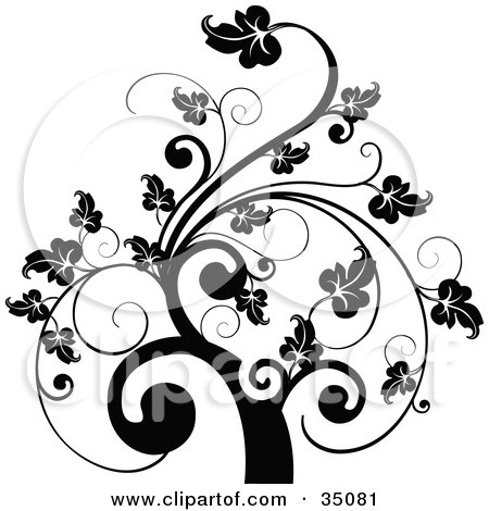  of a black and white leafy scroll tree design, on a white background.