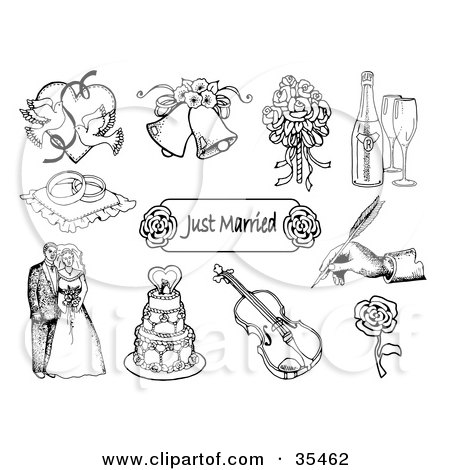 Clipart Illustration of a Set Of Doves Wedding Bells A Bridal Bouquet 