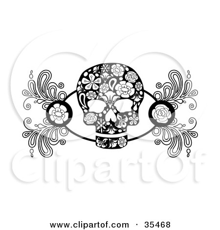 Black And White Skull Design Element With Roses And Flower Designs Posters