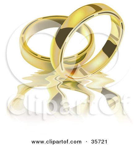 Two Golden Wedding Band Rings On A Rippling Reflective White Surface Posters