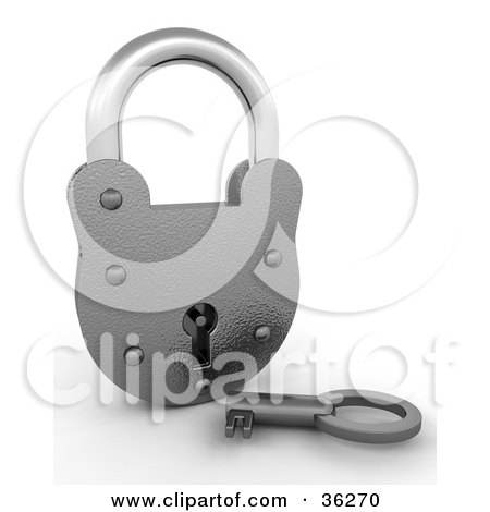 Royalty-free clipart picture of a 3d chrome padlock with a key, resting with 