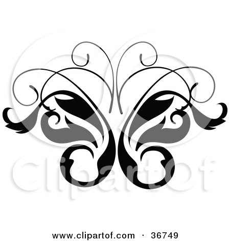 Clipart Illustration of a Black And White Leavy Butterfly Vine Design Scroll