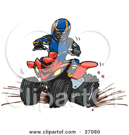 Royalty-free clipart picture of a man in safety gear, riding a red quad 