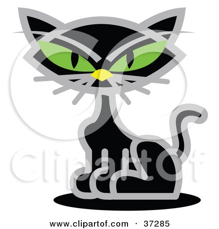 Royalty-free animal clipart picture of a black cat with piercing green eyes, 