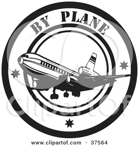 Royalty-free clipart picture of a black and white by plane delivery seal, 