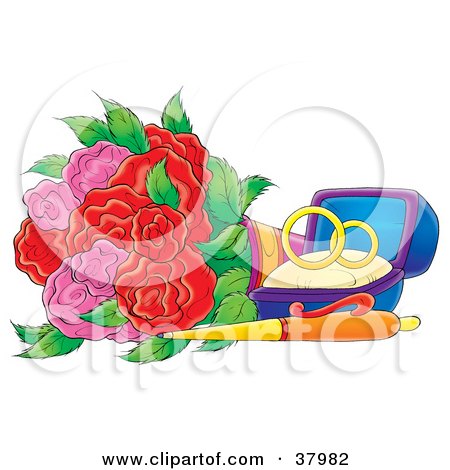 Clipart Illustration of Wedding Rings In A Box By A Pen And Roses by Alex