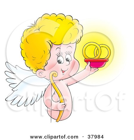 Clipart Illustration of Cupid Holding Up Two Wedding Rings by Alex Bannykh