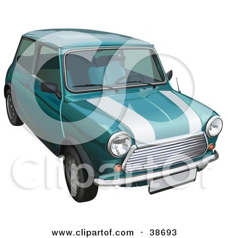 Clipart Illustration of a Vintage Green Mini Cooper Car With White Stripes 