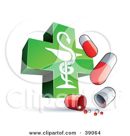 Royalty-free medical clipart picture of a shiny green caduceus cross with 