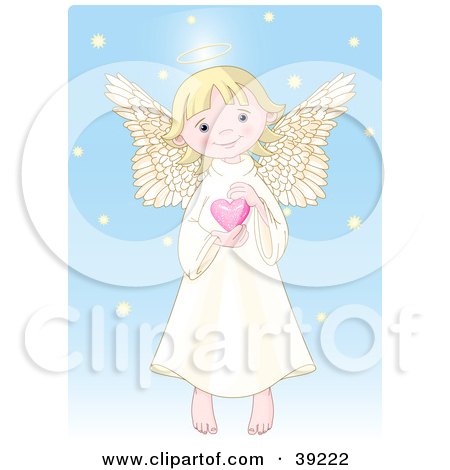 innocent, blond female angel with a halo, holding a pink heart,