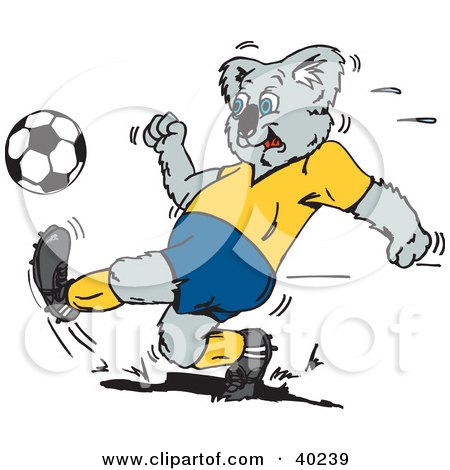 Royalty-free animal clipart picture of a koala kicking a soccer ball during 