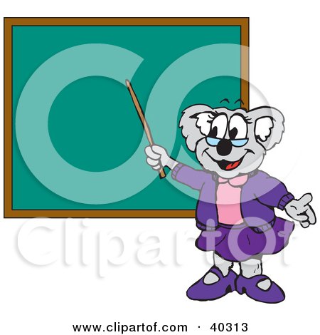 Royalty-free animal clipart picture of a koala school teacher pointing to a 