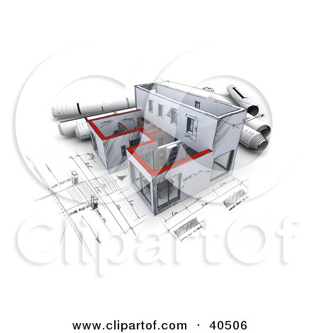 Construction Girls Calendar on Clipart Illustration Of A 3d Sketched Building With Rolled Blueprints