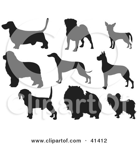 Royalty-free canine clipart picture of nine black silhouetted basset hound, 