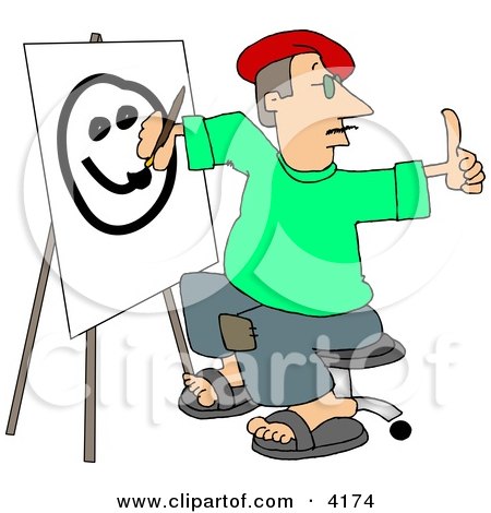 Male Artist Drawing a Smiley Face On Canvas with a Paintbrush Clipart by 