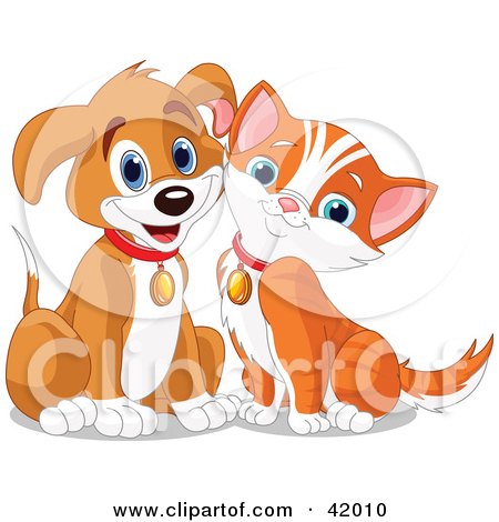 pictures of puppies and kittens together. Clipart Illustration of a Happy Brown Puppy And Orange Kitten Resting Their 