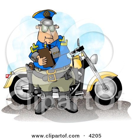Clipart of a motorcycle policeman filling out a traffic citation/ticket form 