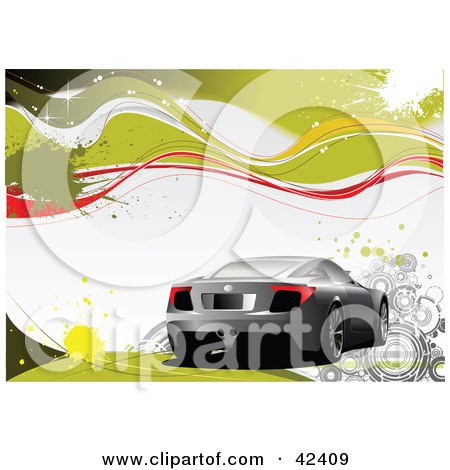 Clipart Illustration of a Silver Car Driving On A Grunge Green And White 