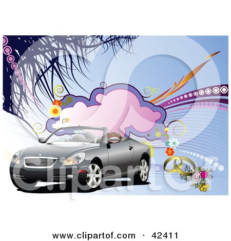 Clipart Illustration of a Convertible Car With Bridal Flowers And Wedding 