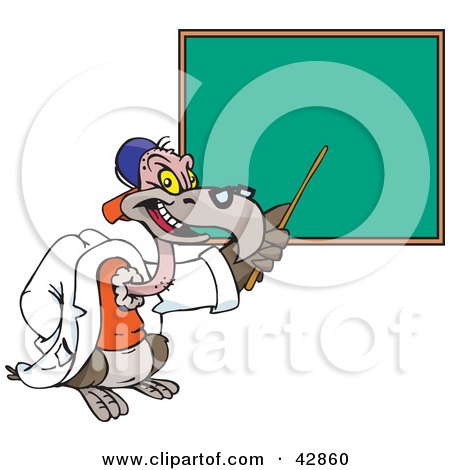 Royalty-free animal clipart picture of a teacher vulture pointing to a chalk 