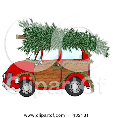 Royalty-free clipart illustration of a red woody car decorated with 