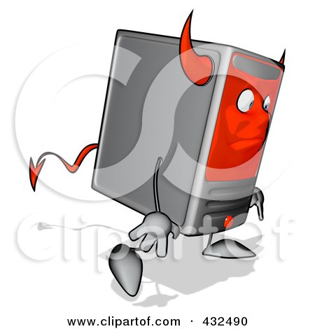 Royalty-free clipart illustration of a devil cartoon computer tower walking 