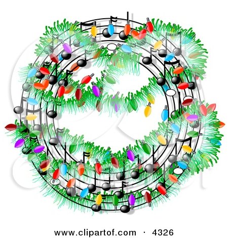 Clipart of Christmas music symbols decorated with lights.