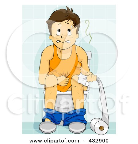 Royalty-free clipart illustration of a man sick with diarrhea on a toilet, 