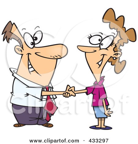 Cartoon Pictures People on Cartoon Businessman Shaking Hands With A Businesswoman  Posters  Art