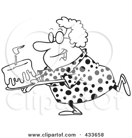 Coloring Page Line Art Of A Happy Grandma Carrying A Birthday Cake Poster, 
