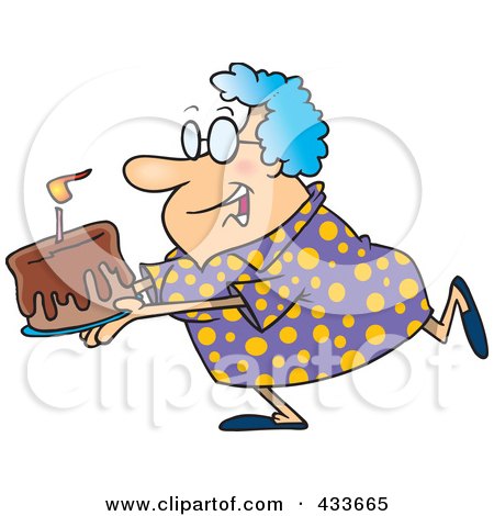 Royalty-free clipart illustration of a happy grandma carrying a birthday 