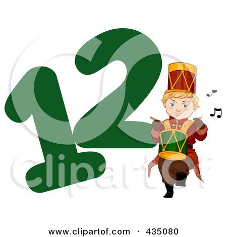 Royalty-free clipart illustration of a drummer drumming by a green number 