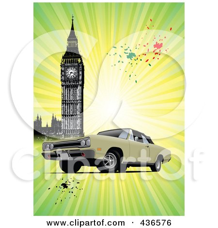 Classic Car Near Big Ben Over Grungy Green Rays Posters Art Prints