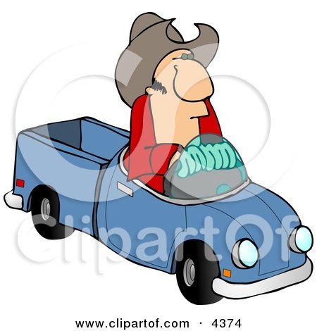Clipart of a cowboy driving a small toy pickup truck.